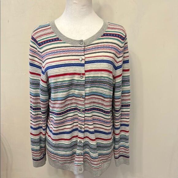 Talbots Red Blue Gray fair isle lightweight Cardigan Sweater Size 1XP EUC - Picture 1 of 9